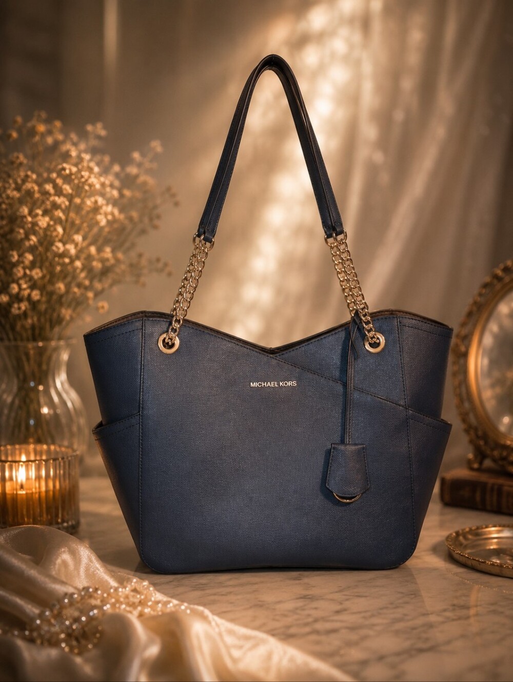 Michael Kors Jet Set Medium Chain Tote Navy Saffiano Leather Shoulder Bag